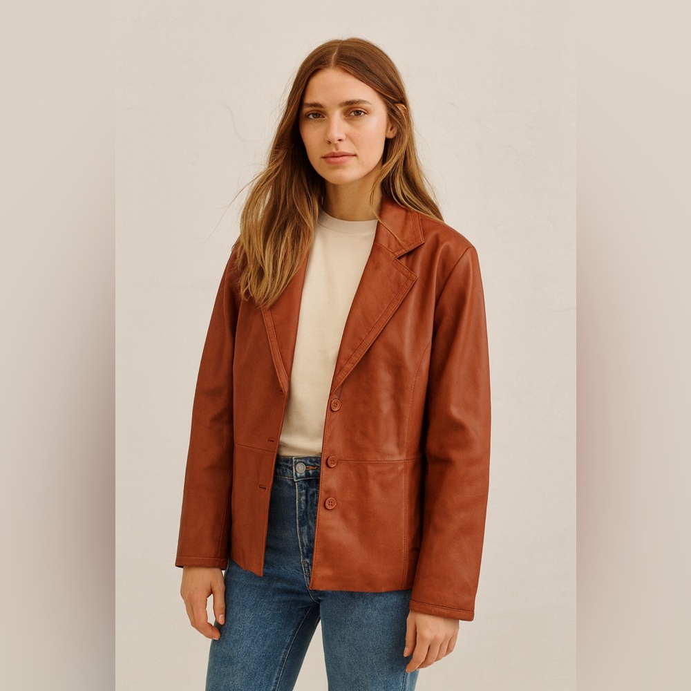 Tibor Leathers Vintage 90s Y2K Burnt Orange Blazer Style Leather Jacket Sz. 2X